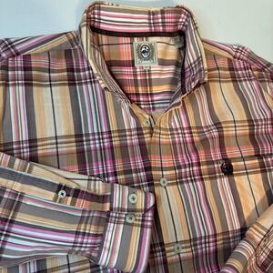 Cinch Mens Large Plaid Button Down Shirt Long Sleeve Pink Brown Cotton Western